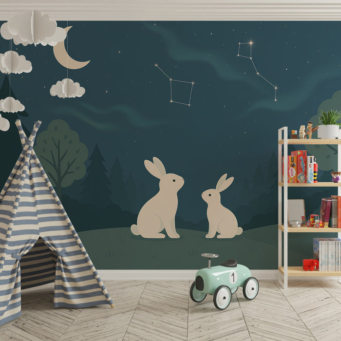 Kids room wallpaper | Lapins under a starry sky