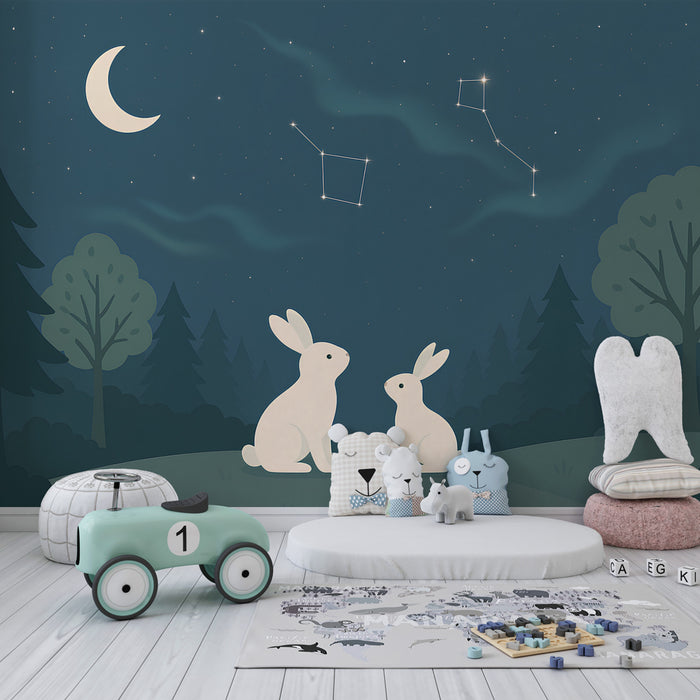 Kids room wallpaper | Lapins under a starry sky