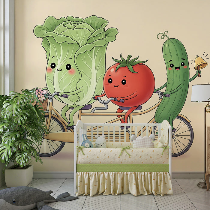 Carta da parati per cameretta | Verdure in bicicletta per un'atmosfera allegra