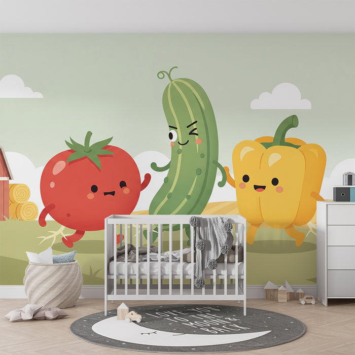 Tapet pentru cameră copil | Legume amuzante în decor de fermă