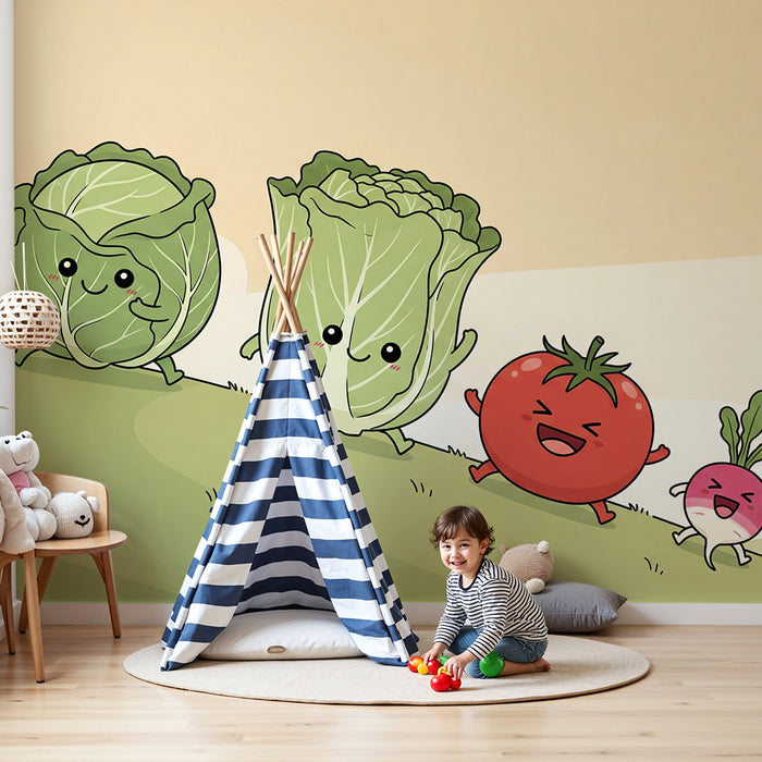 Kids' Room Wallpaper | Playful Vegetables on a Hill