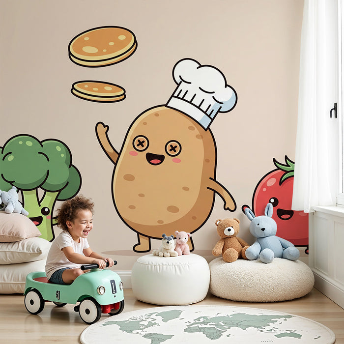 Papel de parede para quarto de criança | Legumes divertidos na cozinha com um chef batata