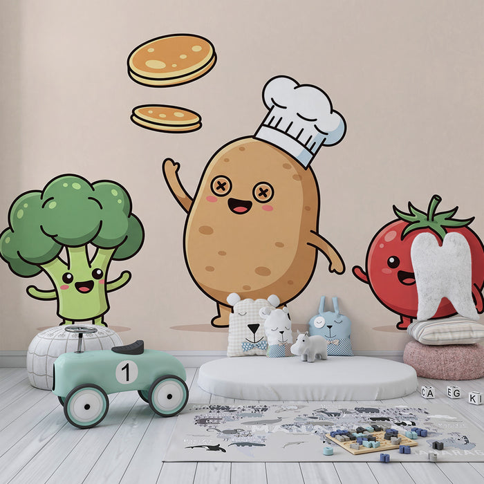 Papel de parede para quarto de criança | Legumes divertidos na cozinha com um chef batata