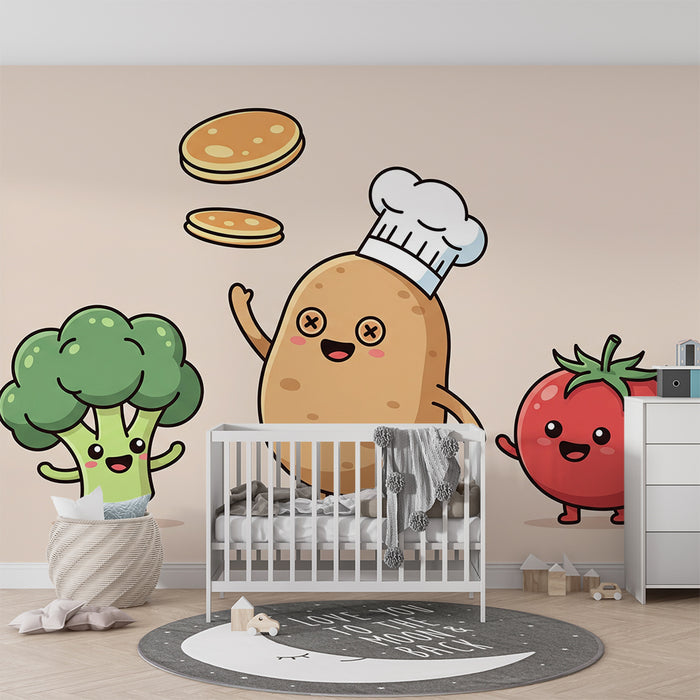Papel de parede para quarto de criança | Legumes divertidos na cozinha com um chef batata