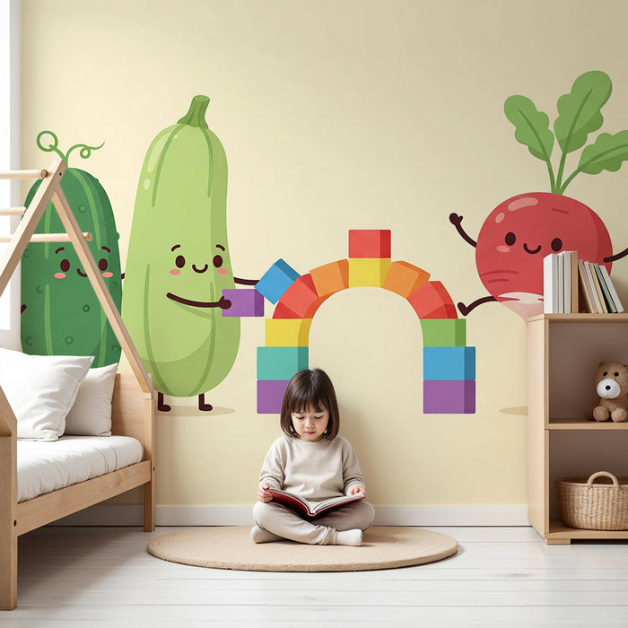 Kids' Room Wallpaper | Playful Vegetables & Colorful Rainbow
