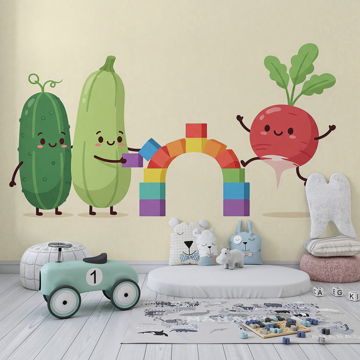 Kids' Room Wallpaper | Playful Vegetables & Colorful Rainbow