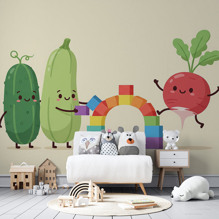 Kids' Room Wallpaper | Playful Vegetables & Colorful Rainbow