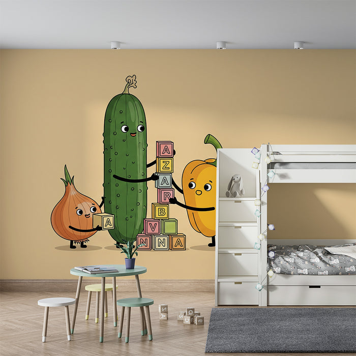 Tapet pentru camere de copii | Legume amuzante și cuburi colorate