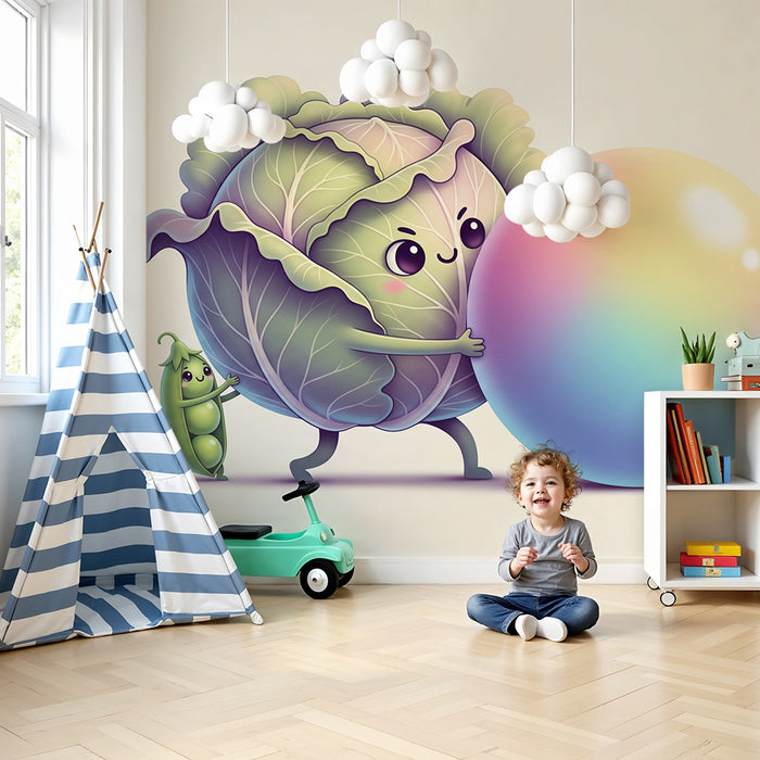 Kinderzimmer-Tapete | Lustiges Gemüse und bunte Kugel