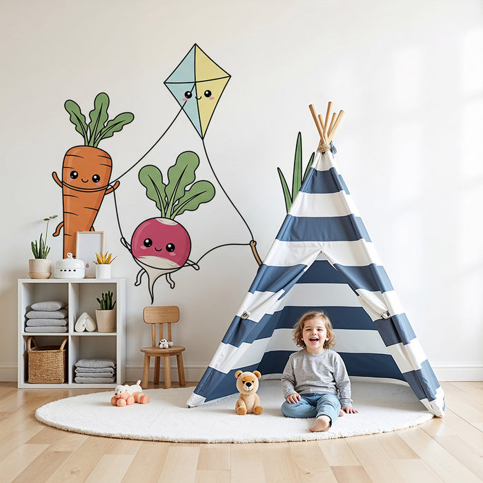 Papel de parede para quarto de criança | Legumes divertidos e papagaio de papel colorido