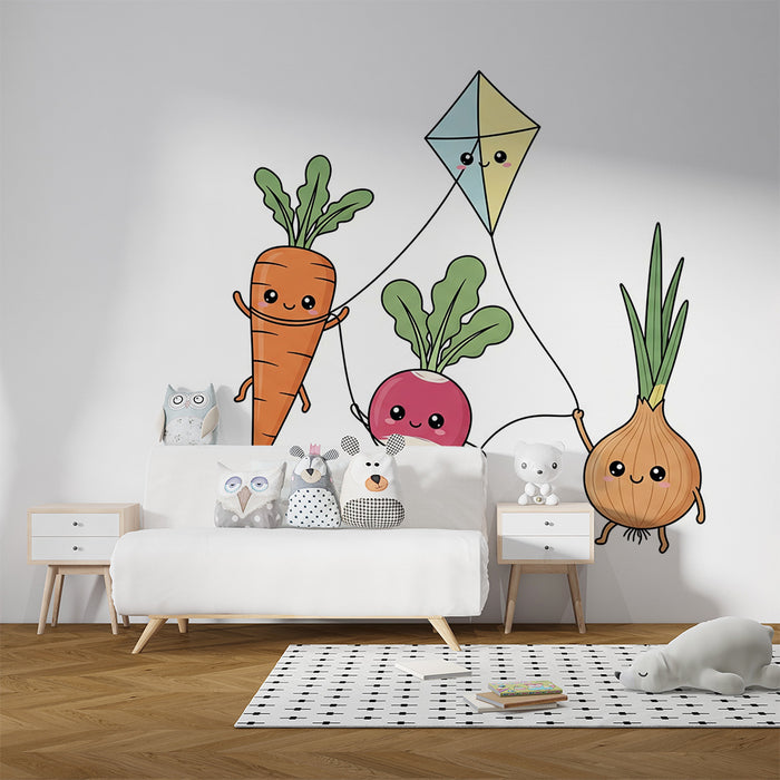 Papel de parede para quarto de criança | Legumes divertidos e papagaio de papel colorido