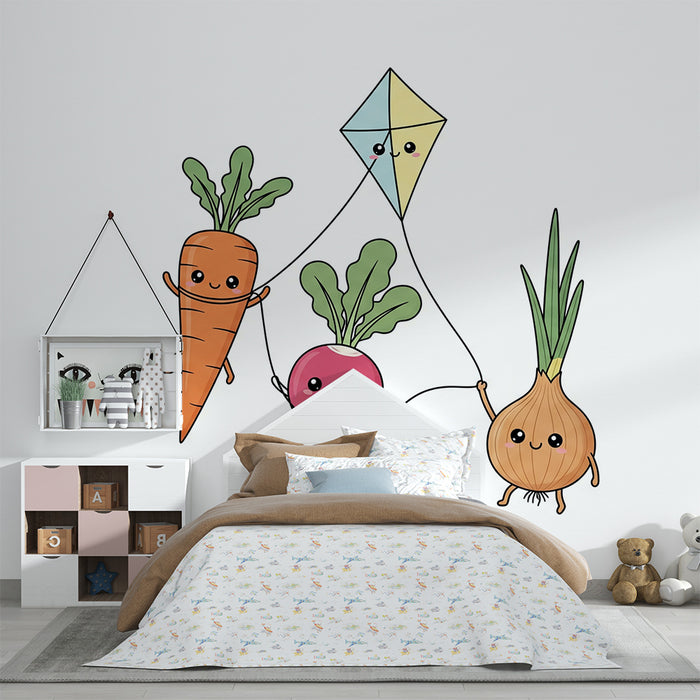 Papel de parede para quarto de criança | Legumes divertidos e papagaio de papel colorido
