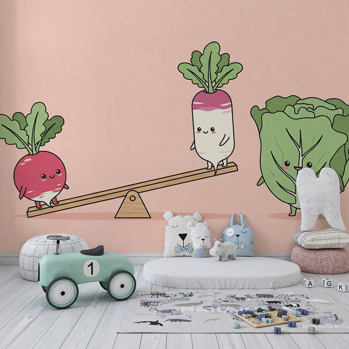Kids' Room Wallpaper | Playful Vegetables on a Swing