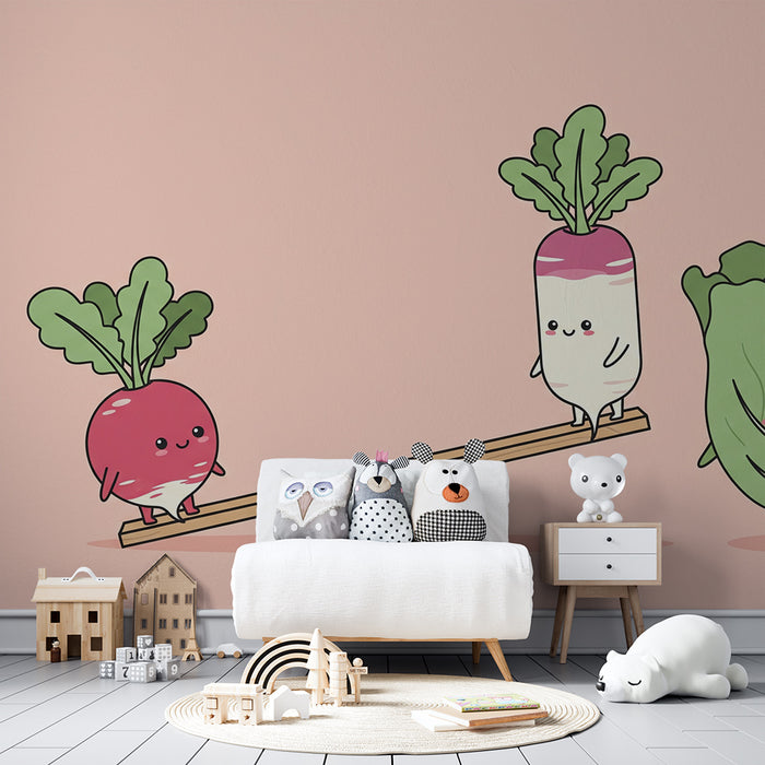 Kids' Room Wallpaper | Playful Vegetables on a Swing