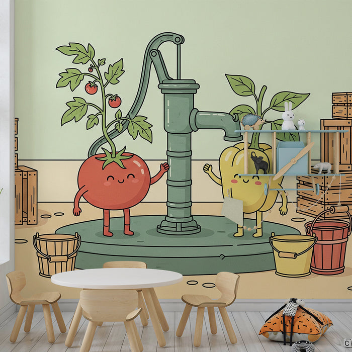 Papel de parede para quarto de criança | Legumes alegres à volta de uma fonte