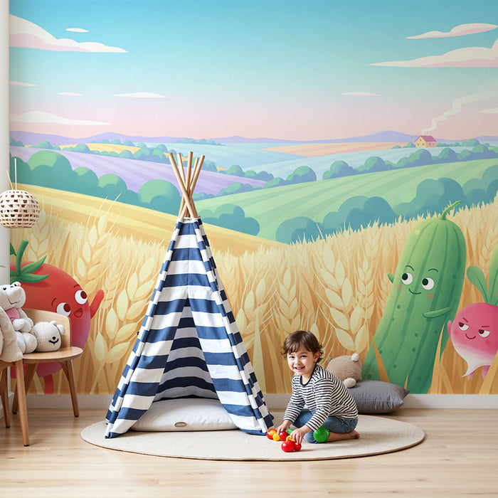 Papier peint chambre enfant | Légumes joyeux dans un champ doré