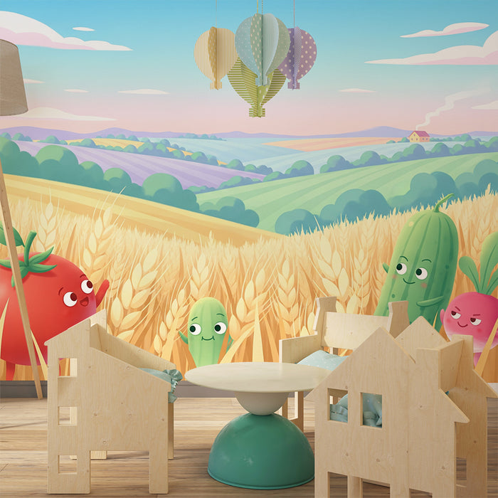 Papier peint chambre enfant | Légumes joyeux dans un champ doré