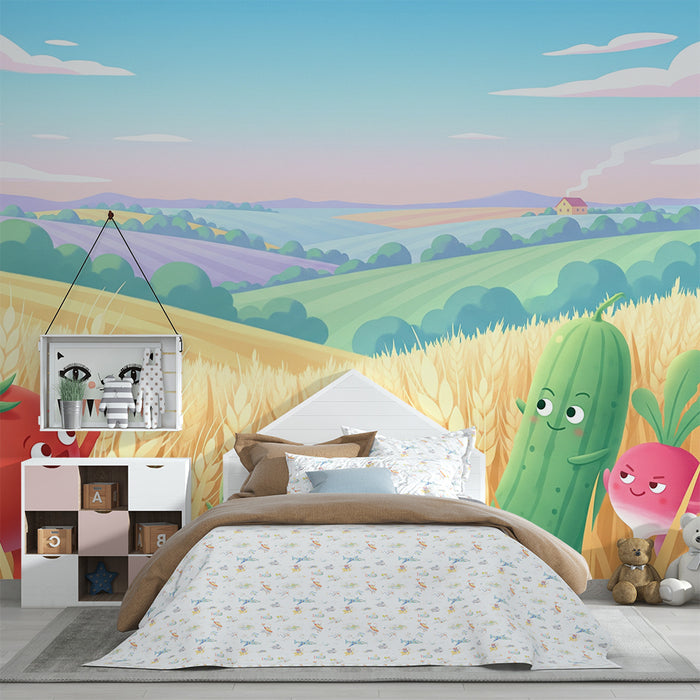 Papier peint chambre enfant | Légumes joyeux dans un champ doré