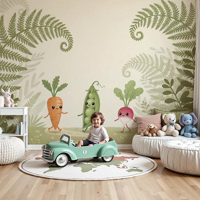 Papel pintado infantil | Verduras alegres en un bosque frondoso