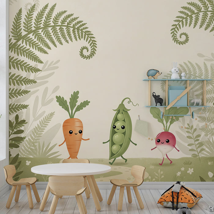 Papel pintado infantil | Verduras alegres en un bosque frondoso