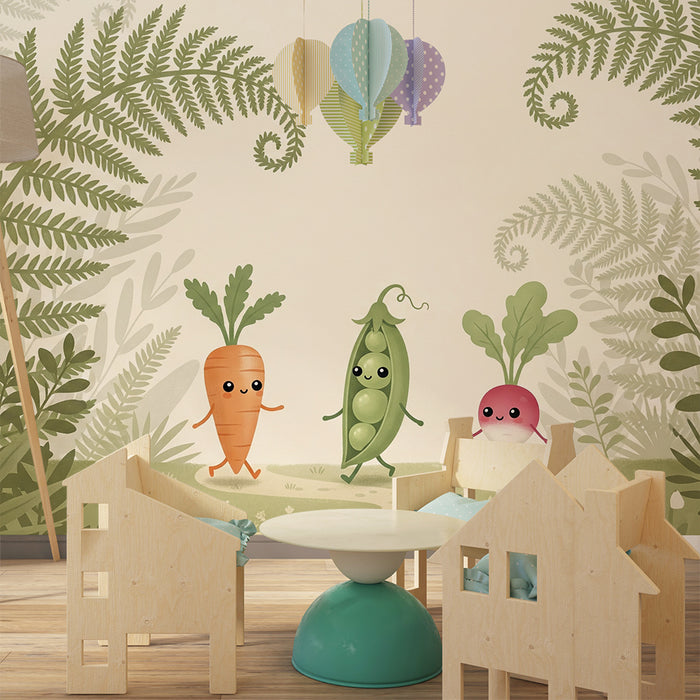 Papel pintado infantil | Verduras alegres en un bosque frondoso