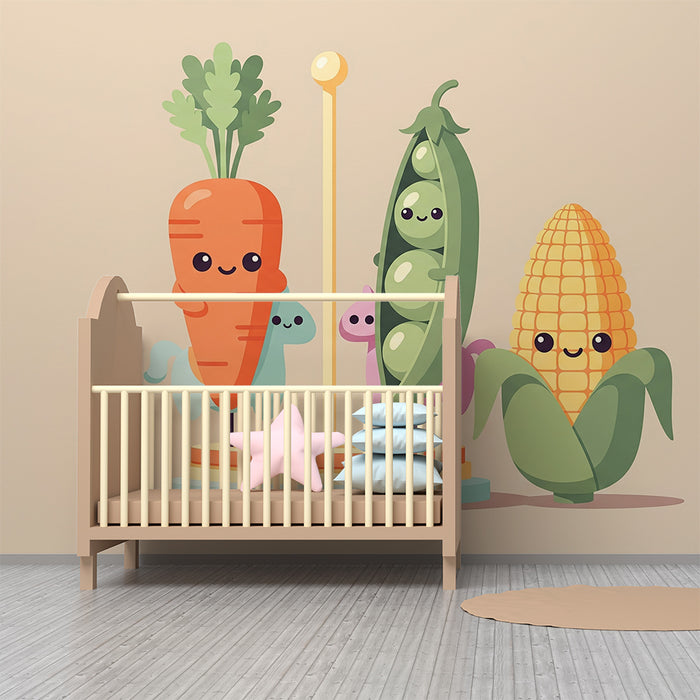 Papel de parede para quarto de criança | Legumes alegres e coloridos para um ambiente divertido
