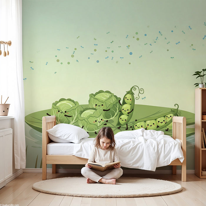 Papel pintado infantil | Verduras alegres sobre una hoja de nenúfar