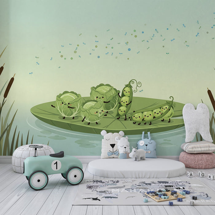 Papel pintado infantil | Verduras alegres sobre una hoja de nenúfar