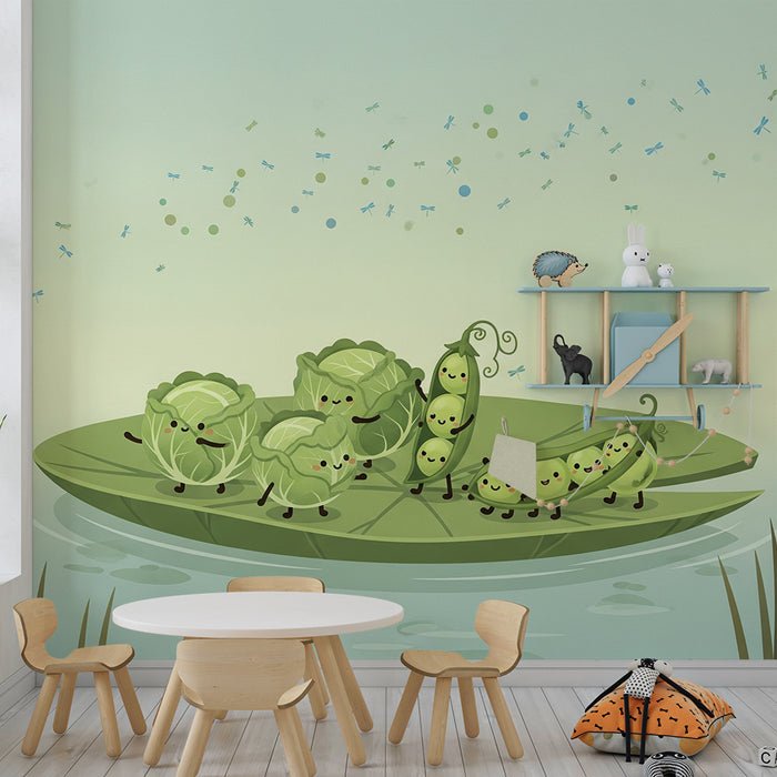 Papel pintado infantil | Verduras alegres sobre una hoja de nenúfar