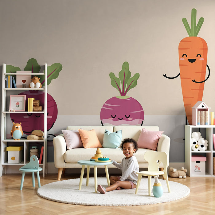 Behang kinderkamer | Schattige mediterende groenten