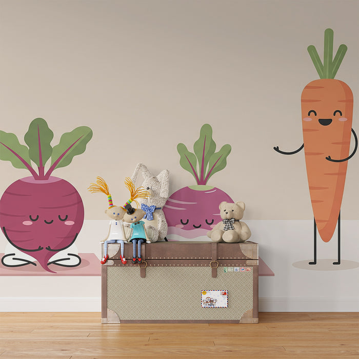 Behang kinderkamer | Schattige mediterende groenten