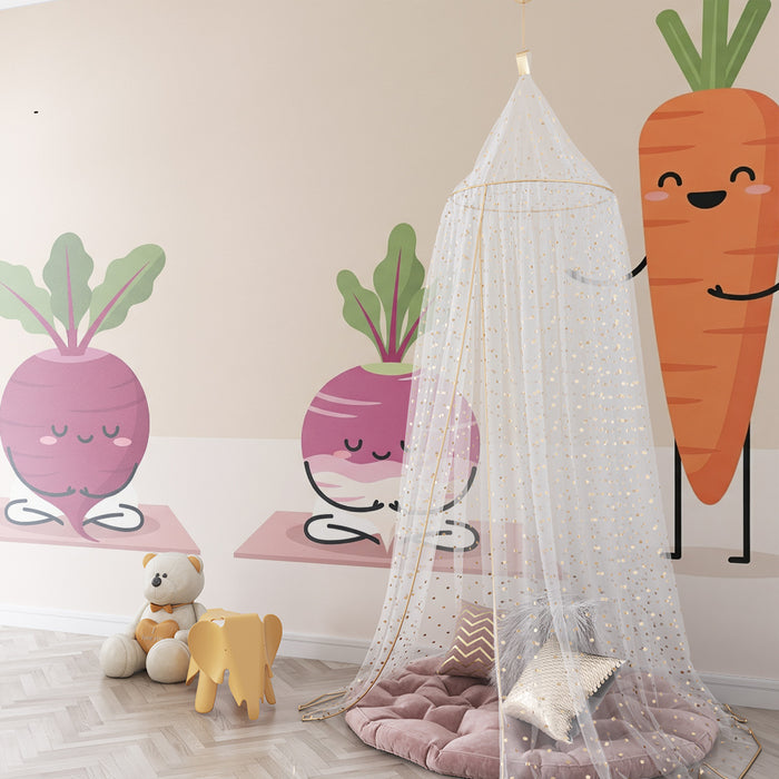 Behang kinderkamer | Schattige mediterende groenten