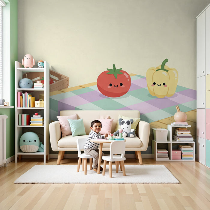 Papel de parede para quarto de criança | Legumes sorridentes numa mesa colorida