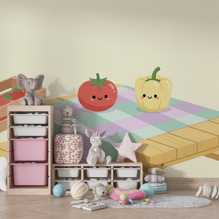 Papel de parede para quarto de criança | Legumes sorridentes numa mesa colorida