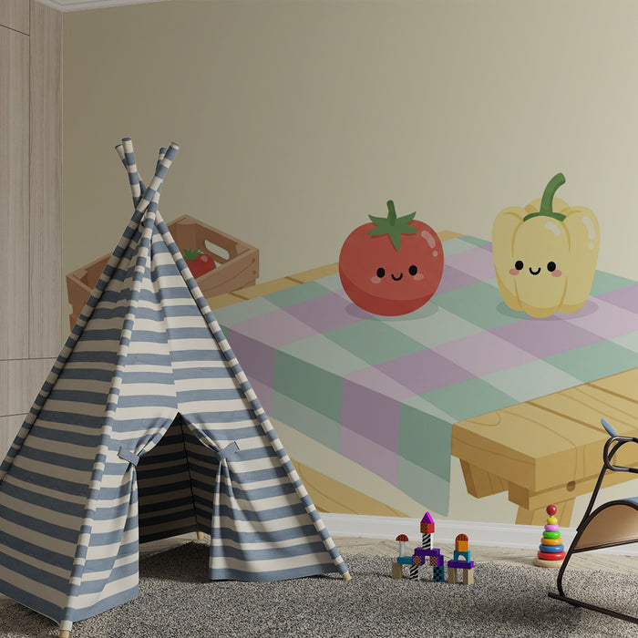 Papel de parede para quarto de criança | Legumes sorridentes numa mesa colorida