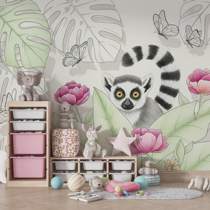 Dječja soba tapeta | Radoznali lemur usred cvjetne džungle