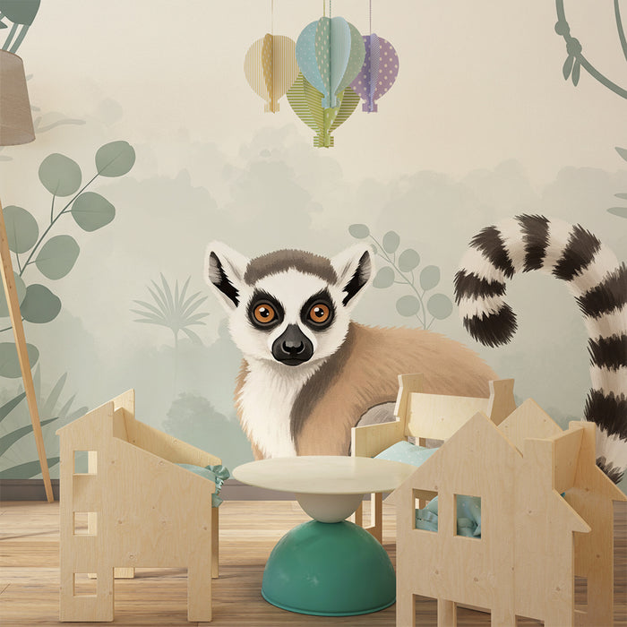 **Text translated into Romanian:**

Tapet pentru camera copiilor | Lemur curios în inima junglei