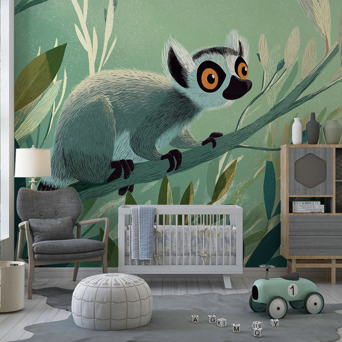 Børneværelse tapet | Nysgerrig lemur midt i den frodige jungle