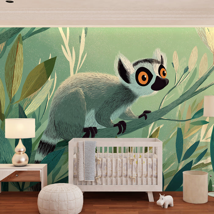 Børneværelse tapet | Nysgerrig lemur midt i den frodige jungle