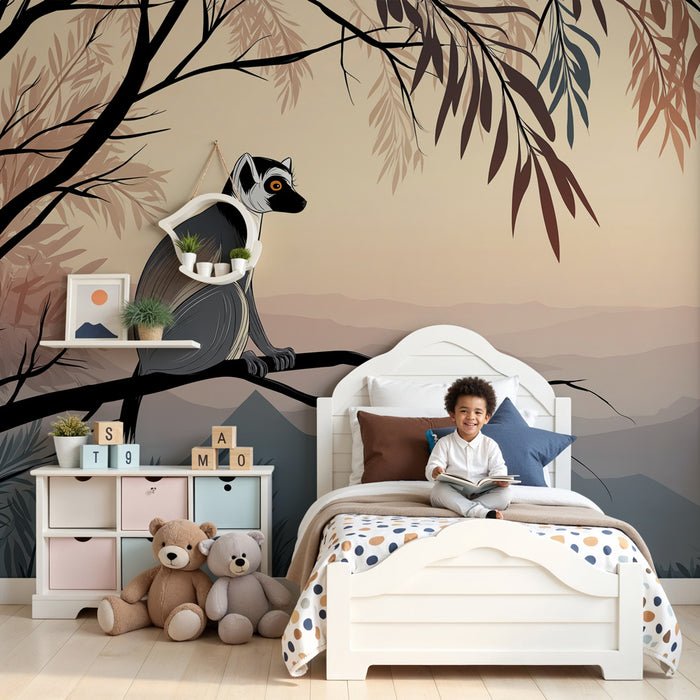 Lastenhuoneen tapetti | Lemuristi oksalla auringonnousun aikaan