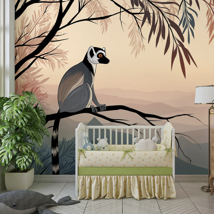 Lastenhuoneen tapetti | Lemuristi oksalla auringonnousun aikaan
