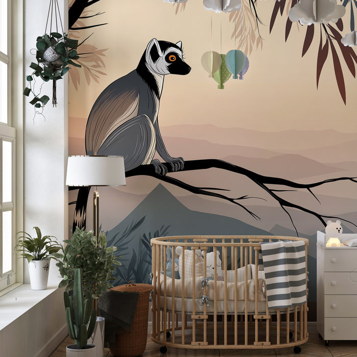 Lastenhuoneen tapetti | Lemuristi oksalla auringonnousun aikaan