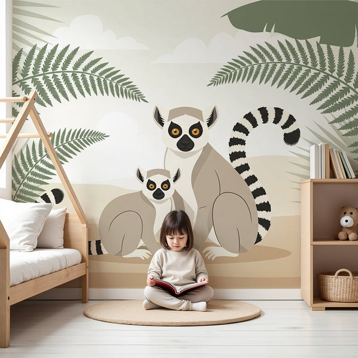 Papier peint chambre enfant | Lémuriens adorables dans une jungle tropicale