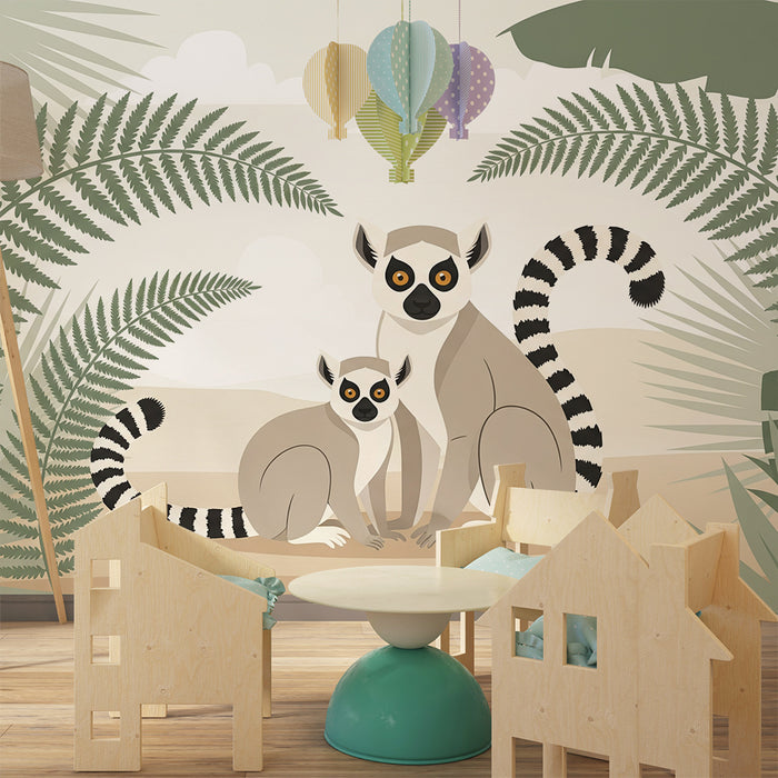 Papier peint chambre enfant | Lémuriens adorables dans une jungle tropicale