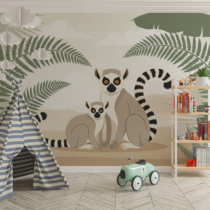 Papier peint chambre enfant | Lémuriens adorables dans une jungle tropicale