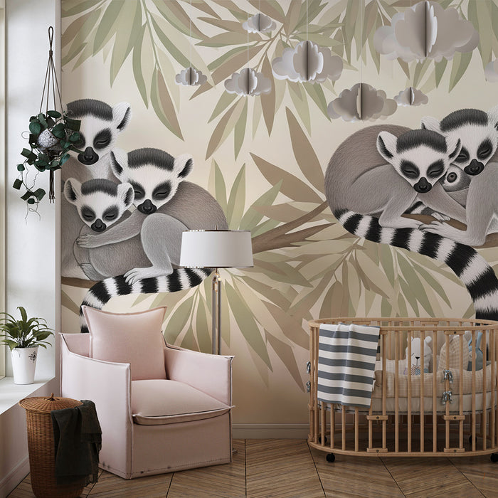 Papel de parede para quarto infantil | Lêmures carinhosos num ramo com folhagem suave