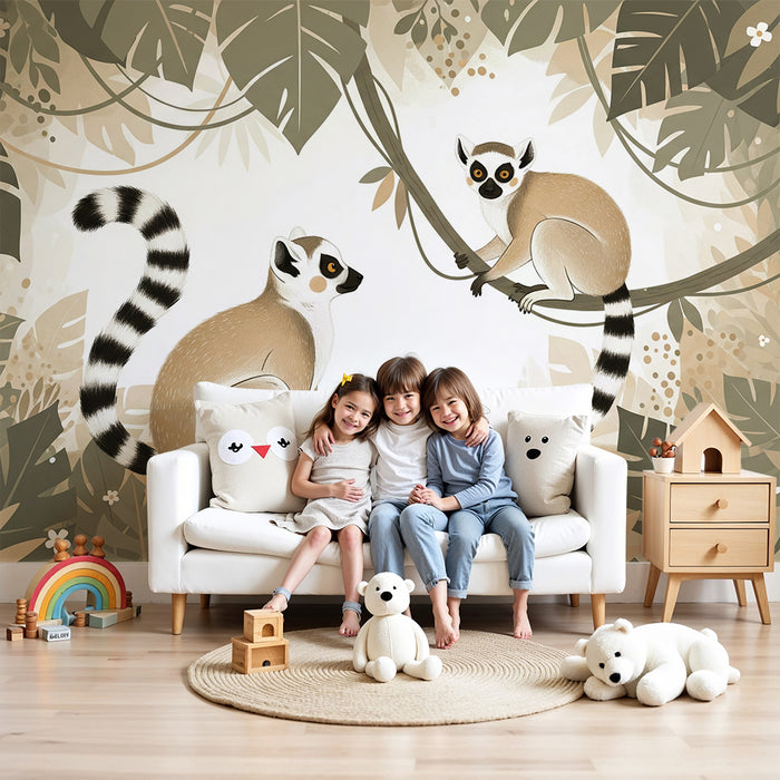 Papier peint chambre enfant | Lémuriens espiègles au coeur de la jungle