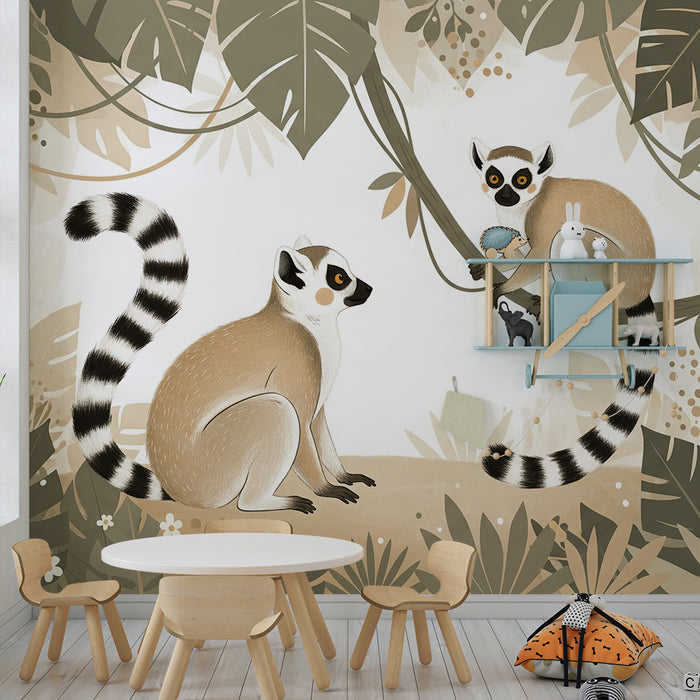 Papier peint chambre enfant | Lémuriens espiègles au coeur de la jungle