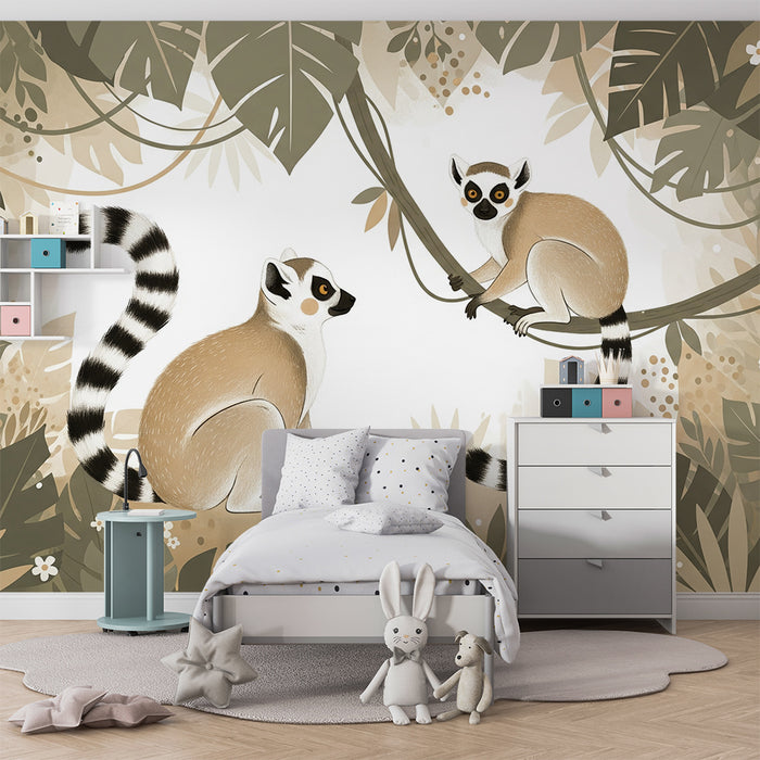 Papier peint chambre enfant | Lémuriens espiègles au coeur de la jungle