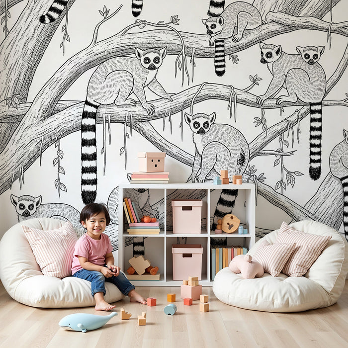 Kinderzimmer Tapete | Verspielte Lemuren im tropischen Wald